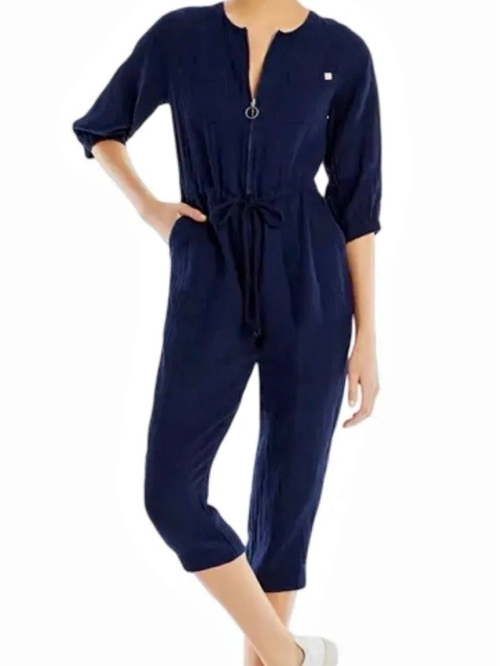 Sundry 3/4 Sleeve Tie-Waist Jumpsuit 100% Cotton Navy with Pockets Size 2